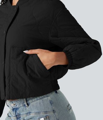 Stand Collar Long Sleeve Casual Bomber Quilted Jacket with Pockets