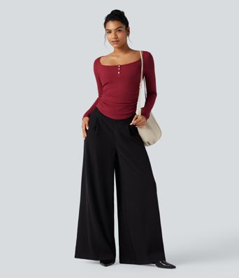 Ribbed Knit Henley Neck Long Sleeve Ruched Curved Hem Work T-Shirt