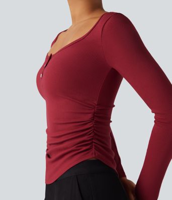 Ribbed Knit Henley Neck Long Sleeve Ruched Curved Hem Work T-Shirt