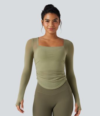 Square Neck Long Sleeve Thumb Holes Contrast Mesh Ruched Curved Hem 2-in-1 Workout Top