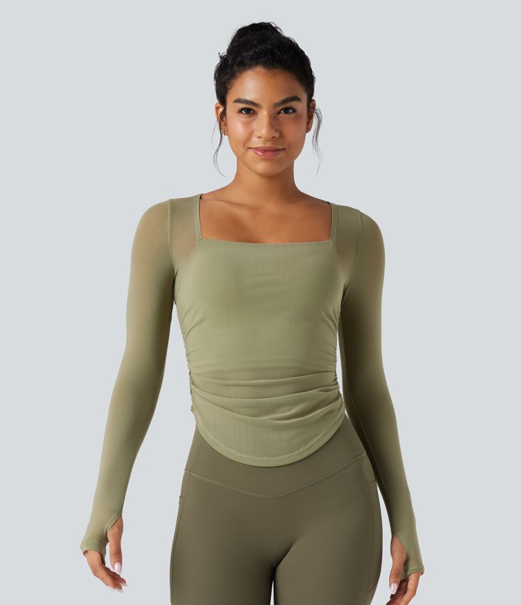 Square Neck Long Sleeve Thumb Holes Contrast Mesh Ruched Curved Hem 2-in-1 Workout Top