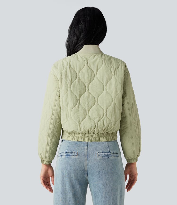 High Collar Long Sleeve Casual Bomber Quilted Jacket with Pockets