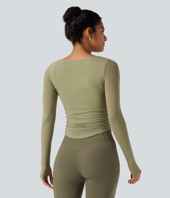 Square Neck Long Sleeve Thumb Holes Contrast Mesh Ruched Curved Hem 2-in-1 Workout Top