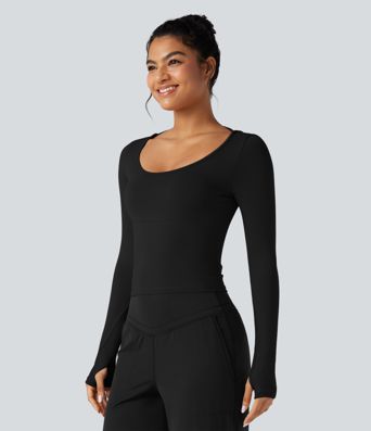 Backless Scoop Neck Long Sleeve Thumb Holes Yoga Sports Top