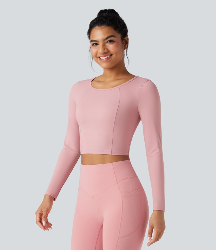 Scoop Neck Long Sleeve Cut Out Cropped Yoga Sports Top