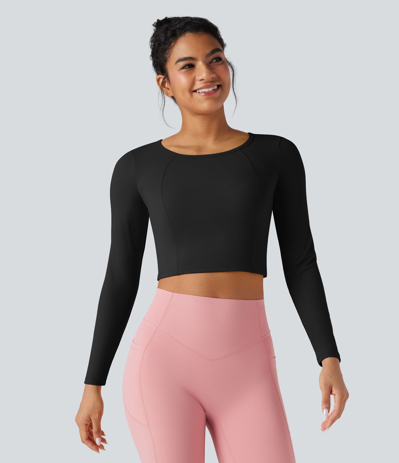 Scoop Neck Long Sleeve Cut Out Cropped Yoga Sports Top