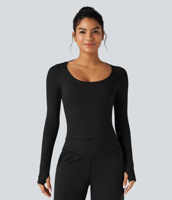 Backless Scoop Neck Long Sleeve Thumb Holes Yoga Sports Top