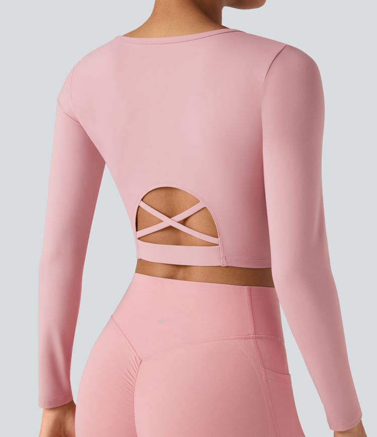 Scoop Neck Long Sleeve Cut Out Cropped Yoga Sports Top