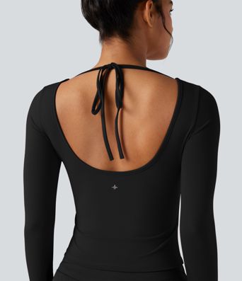 Backless Scoop Neck Long Sleeve Thumb Holes Yoga Sports Top