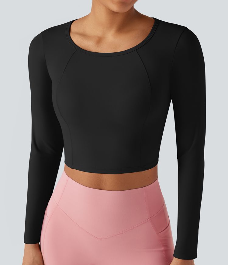 Scoop Neck Long Sleeve Cut Out Cropped Yoga Sports Top