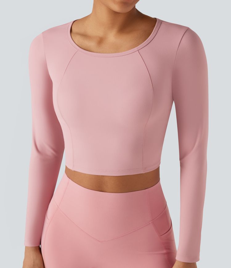 Scoop Neck Long Sleeve Cut Out Cropped Yoga Sports Top