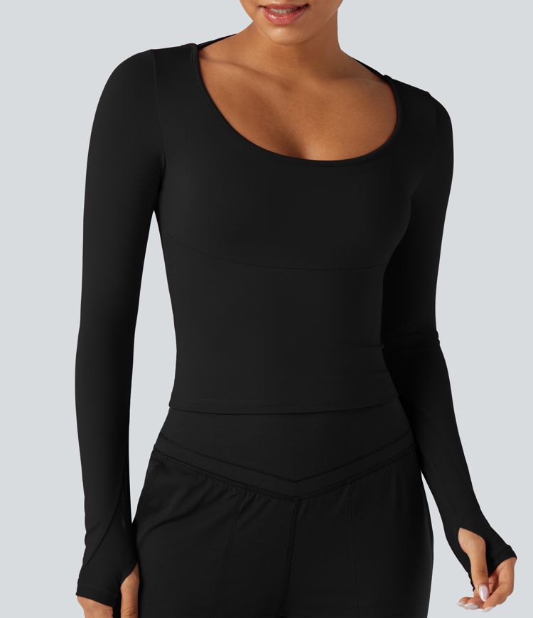 Backless Scoop Neck Long Sleeve Thumb Holes Yoga Sports Top