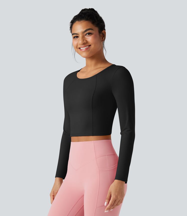 Scoop Neck Long Sleeve Cut Out Cropped Yoga Sports Top