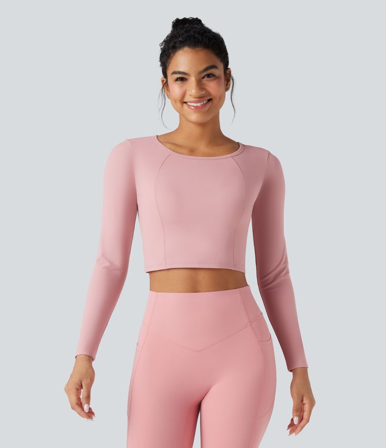 Scoop Neck Long Sleeve Cut Out Cropped Yoga Sports Top