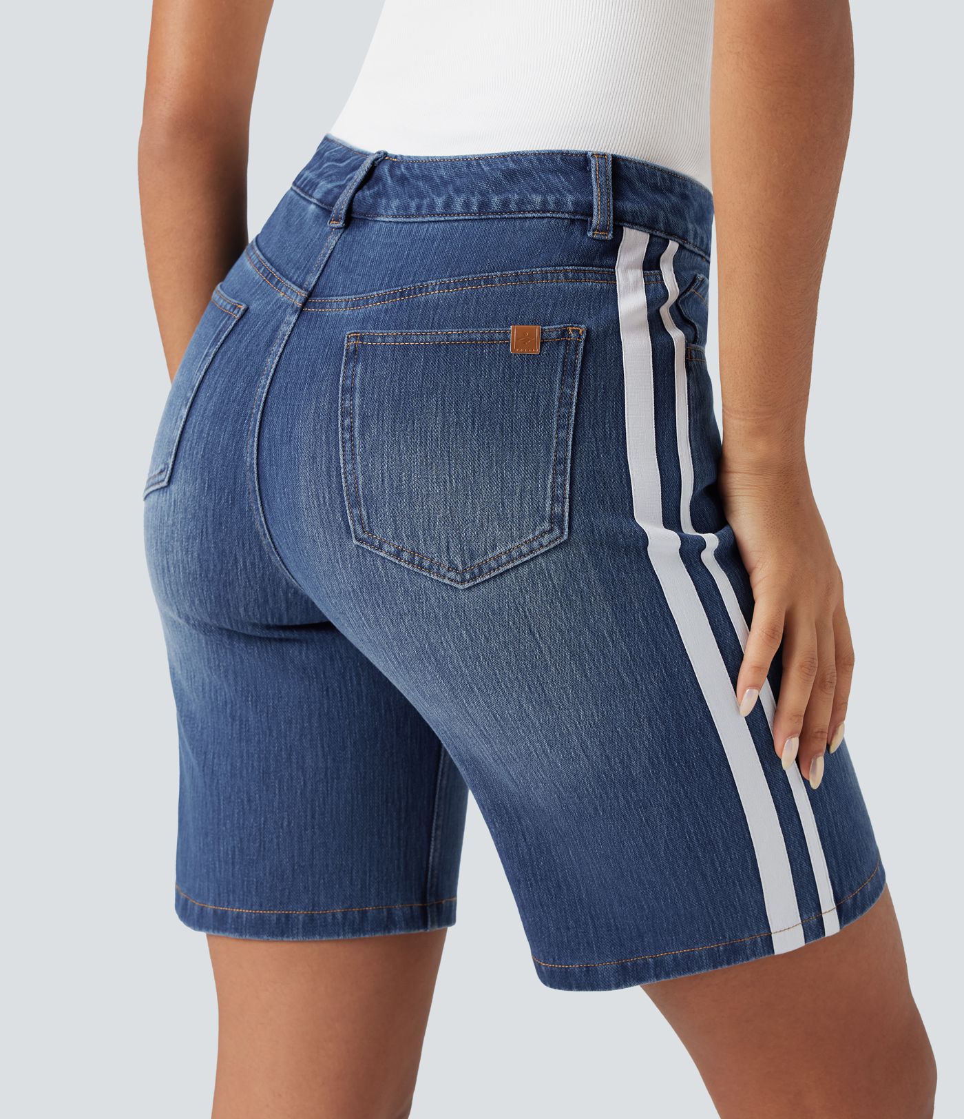 Halara Flex™ High Waisted Stripe Denim Casual Bermuda Shorts with Pockets Halara Flex™ High Waisted Stripe Denim Casual Bermuda Shorts with Pockets