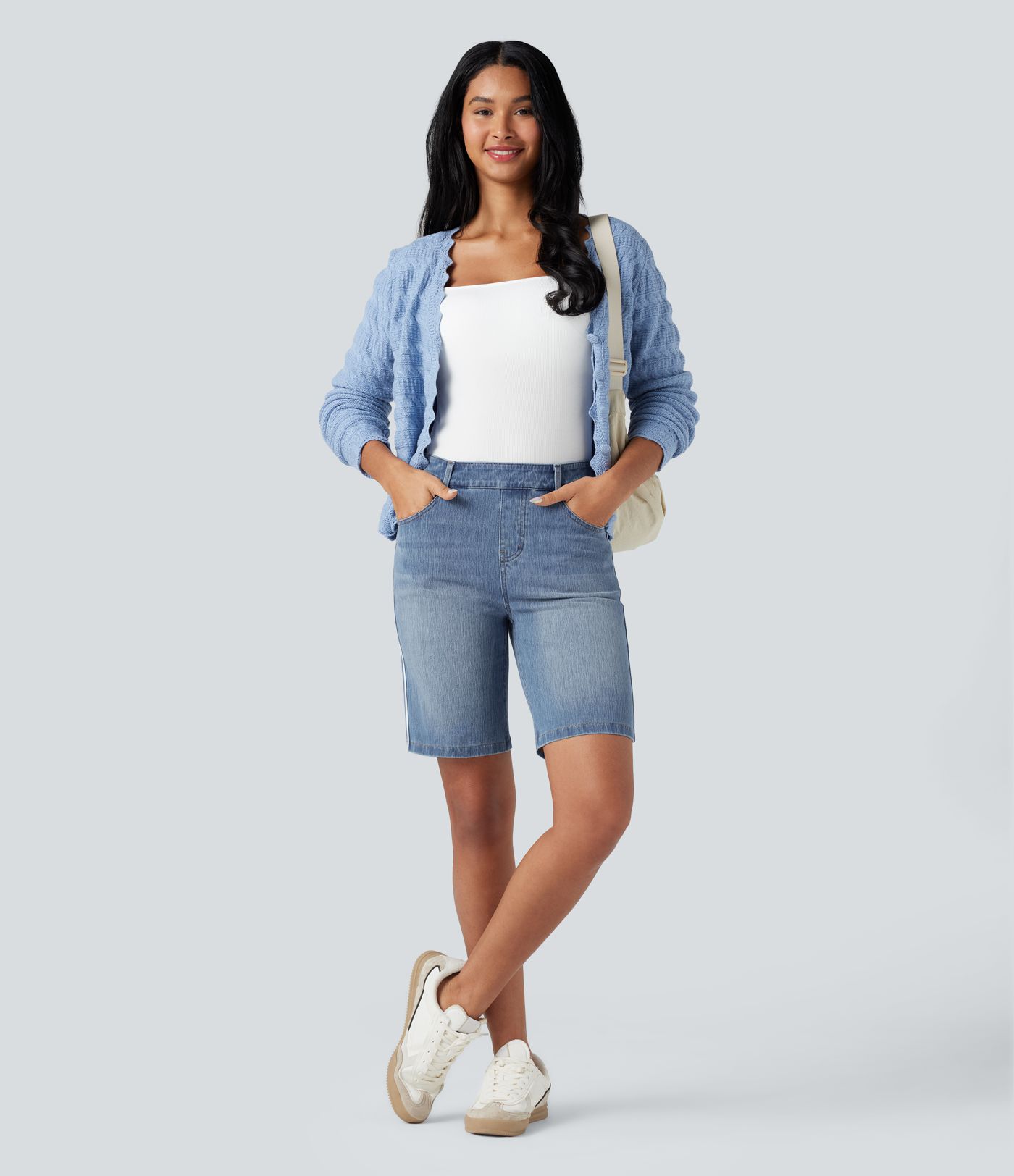 Halara Flex™ High Waisted Stripe Denim Casual Shorts with Pockets
