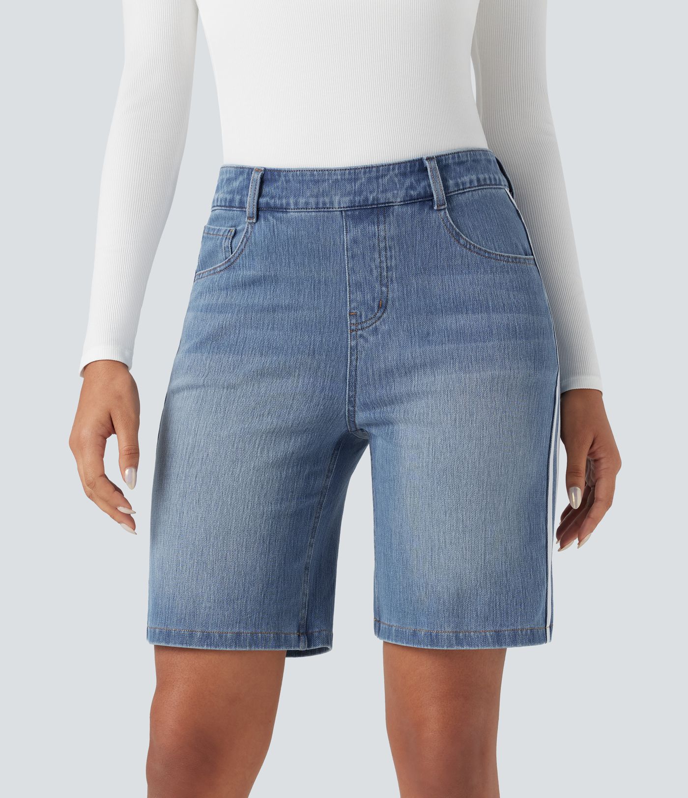 Halara Flex™ High Waisted Stripe Denim Casual Shorts with Pockets
