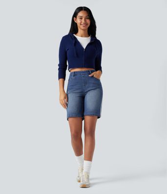 Halara Flex™ High Waisted Stripe Denim Casual Bermuda Shorts with Pockets Halara Flex™ High Waisted Stripe Denim Casual Bermuda Shorts with Pockets