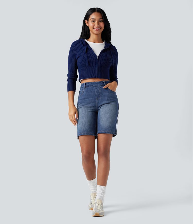Halara Flex™ High Waisted Stripe Denim Casual Bermuda Shorts with Pockets Halara Flex™ High Waisted Stripe Denim Casual Bermuda Shorts with Pockets