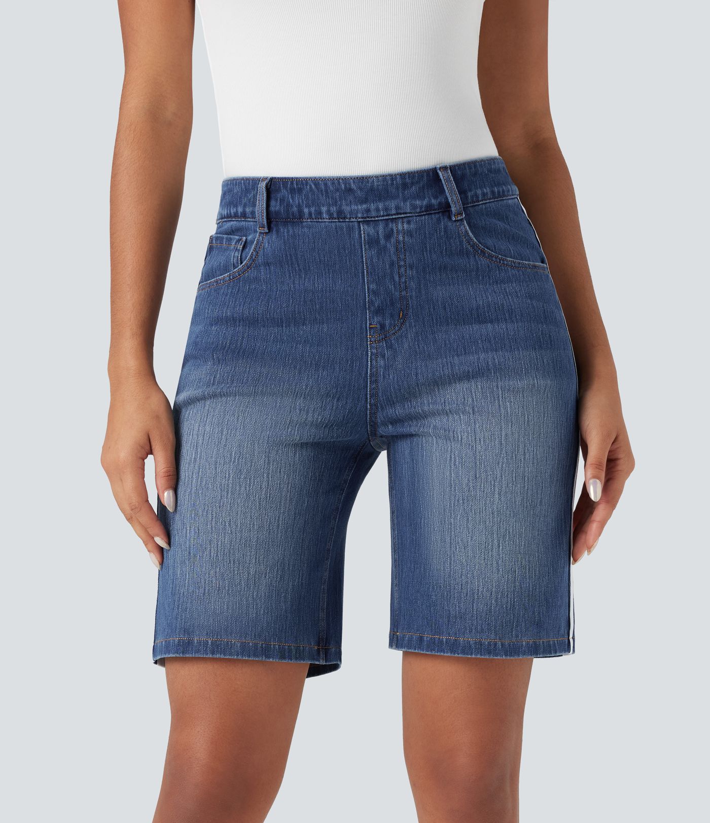 Halara Flex™ High Waisted Stripe Denim Casual Bermuda Shorts with Pockets Halara Flex™ High Waisted Stripe Denim Casual Bermuda Shorts with Pockets