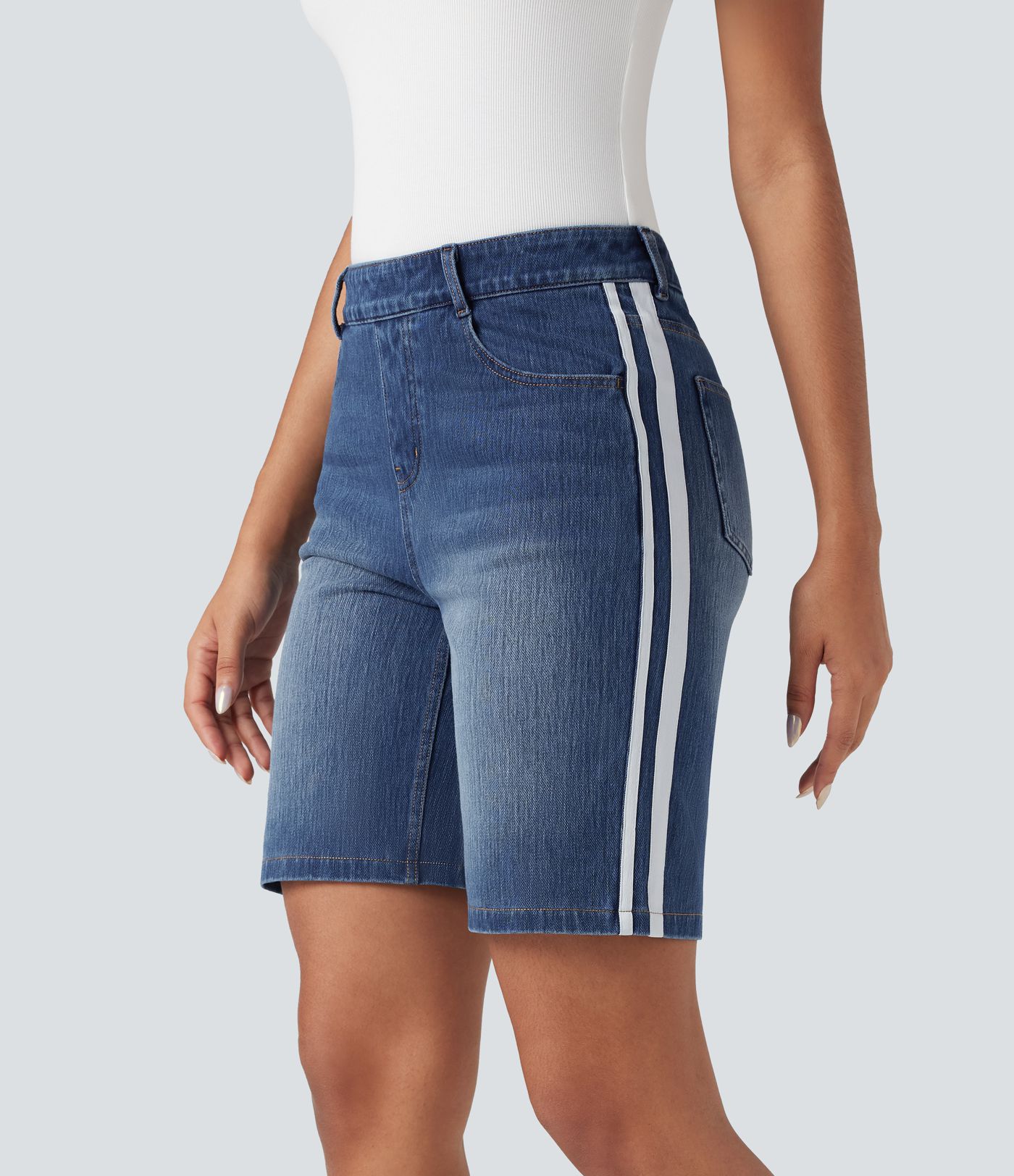 Halara Flex™ High Waisted Stripe Denim Casual Bermuda Shorts with Pockets Halara Flex™ High Waisted Stripe Denim Casual Bermuda Shorts with Pockets