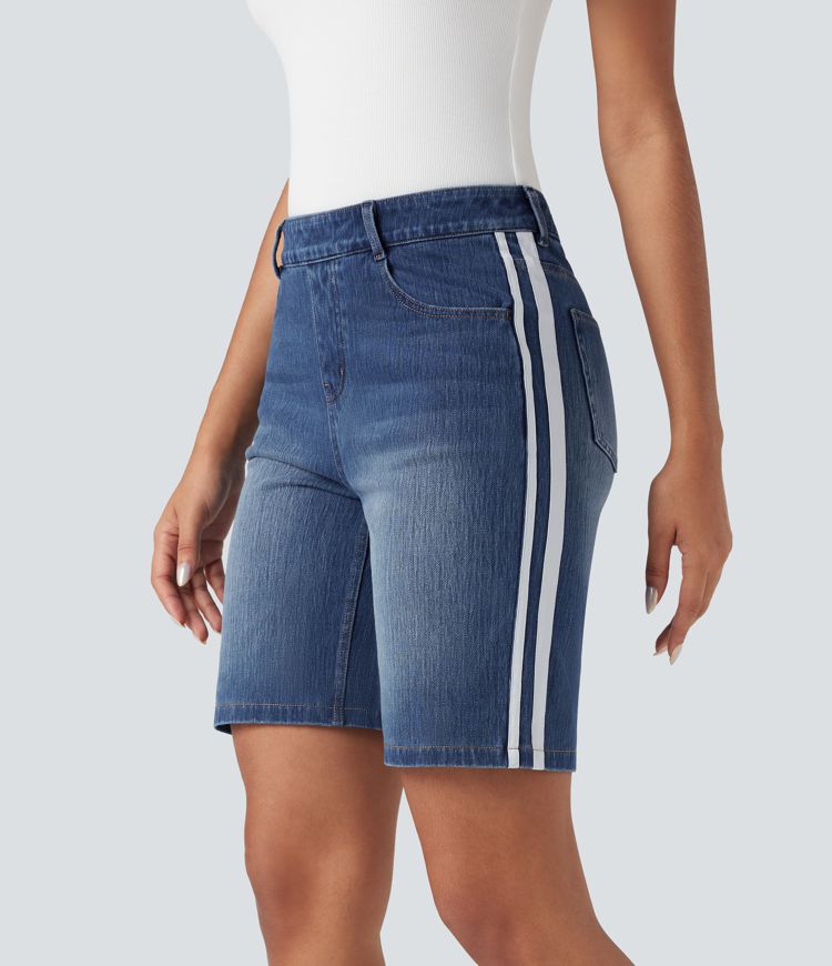 Halara Flex™ High Waisted Stripe Denim Casual Bermuda Shorts with Pockets Halara Flex™ High Waisted Stripe Denim Casual Bermuda Shorts with Pockets