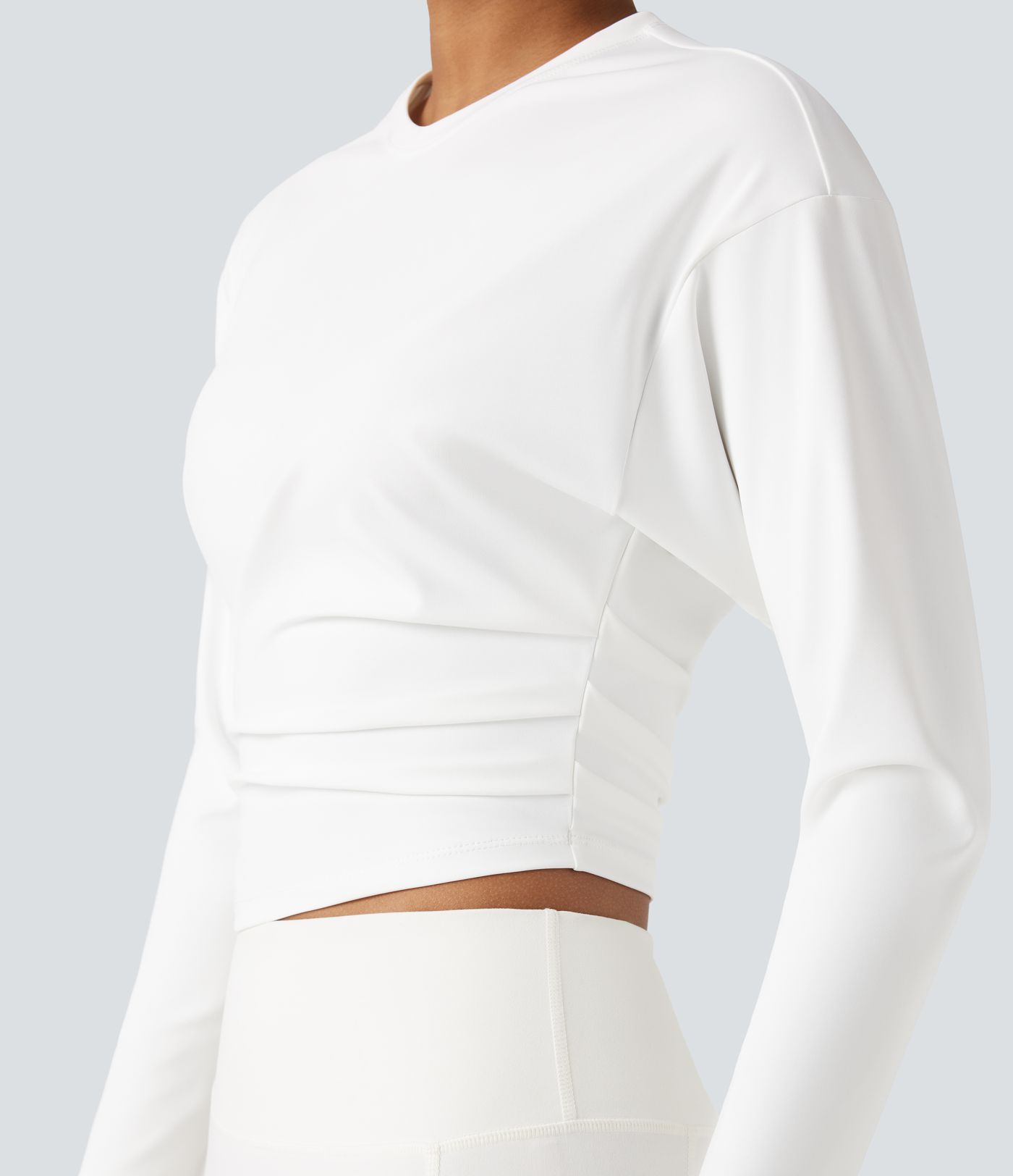 Round Neck Long Sleeve Ruched Cropped Yoga Sports Top