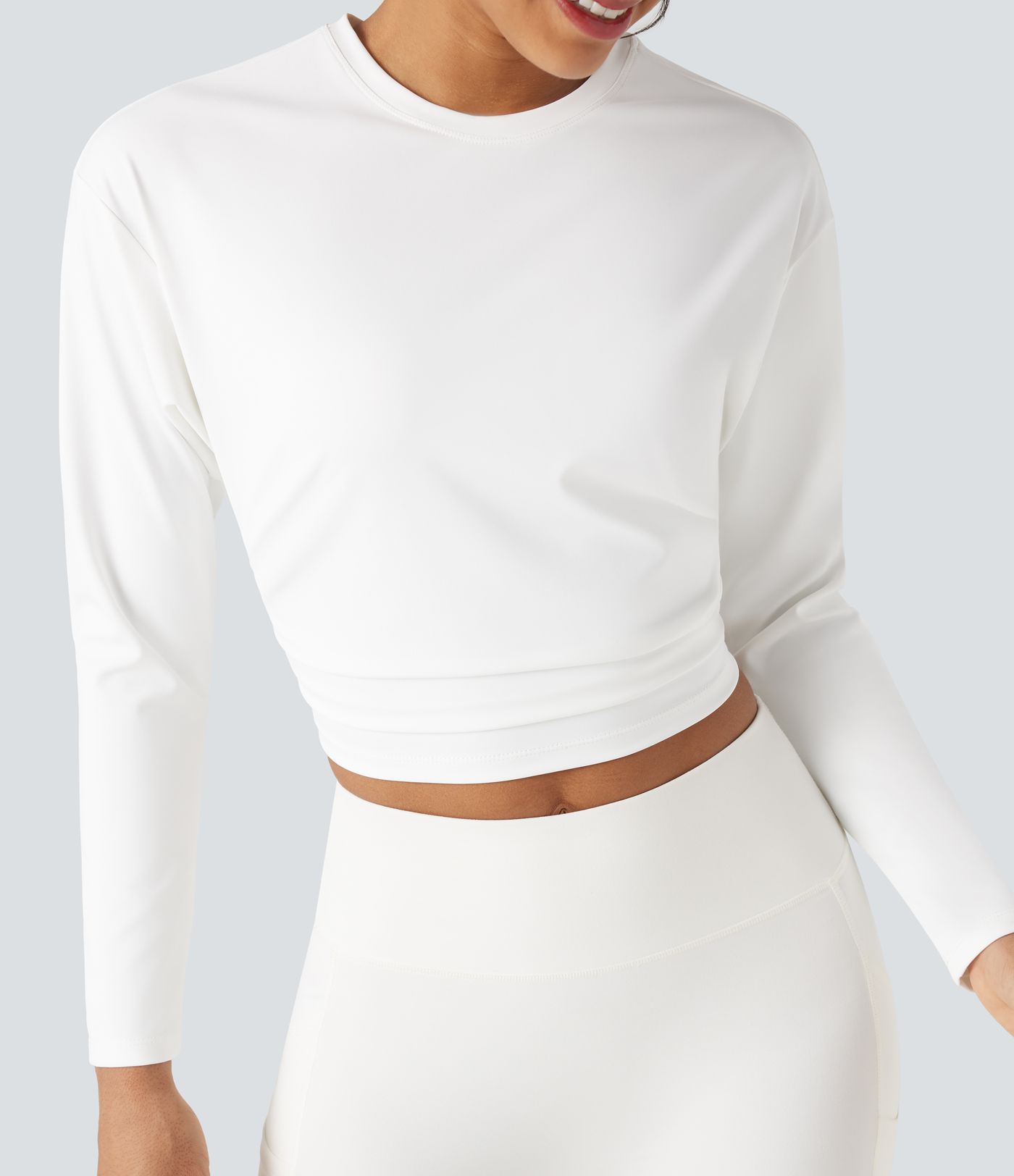 Round Neck Long Sleeve Ruched Cropped Yoga Sports Top