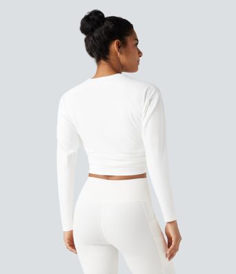 Round Neck Long Sleeve Ruched Cropped Yoga Sports Top