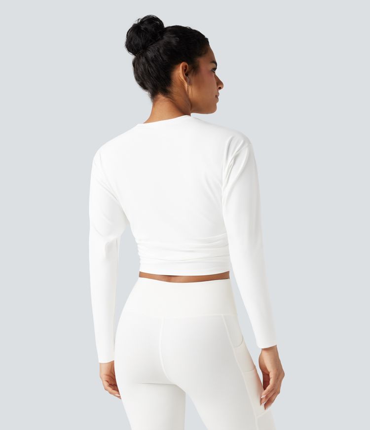 Round Neck Long Sleeve Ruched Cropped Yoga Sports Top