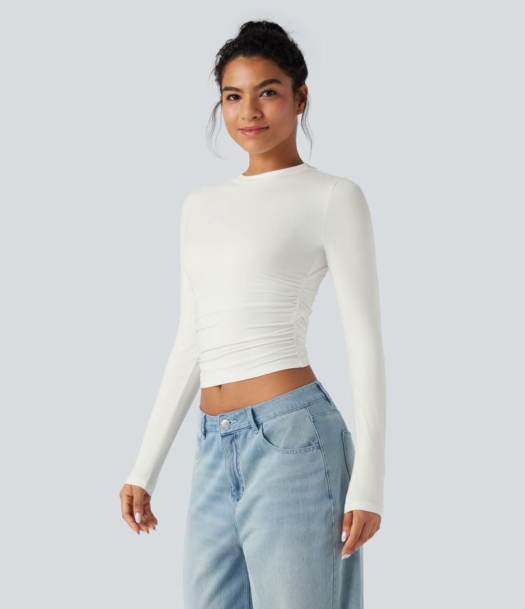 Top froncé col rond manches longues