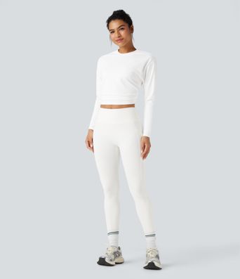 Round Neck Long Sleeve Ruched Cropped Yoga Sports Top
