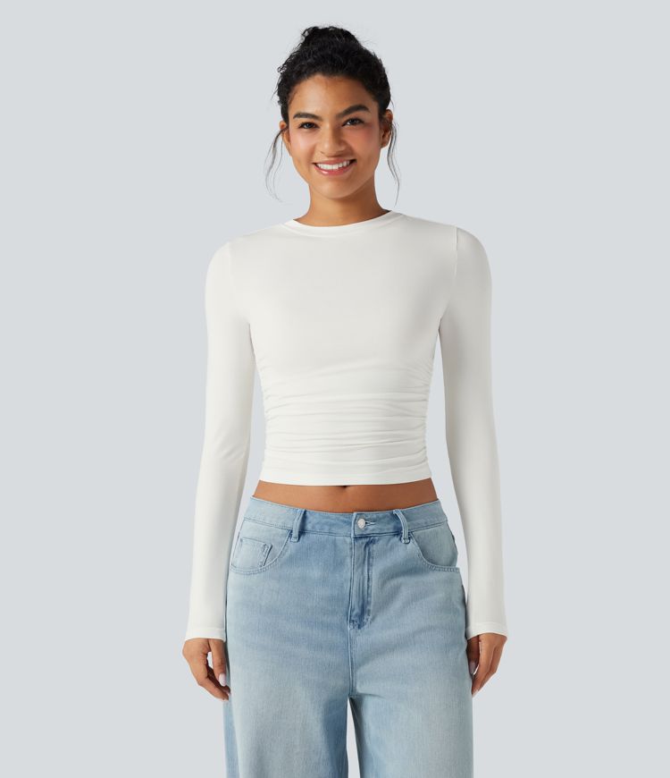 Top froncé col rond manches longues