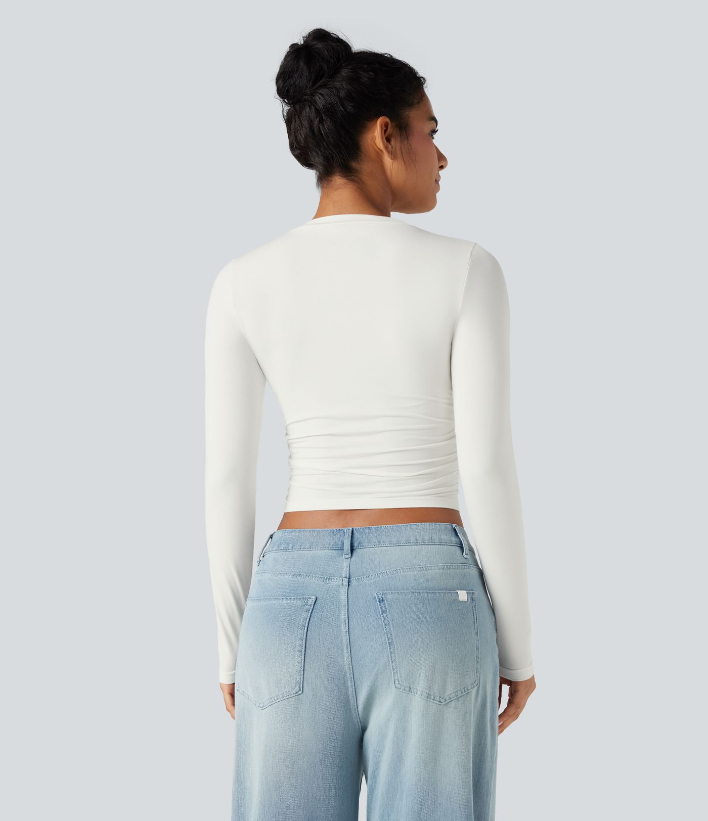 Casual-Top mit Rundhalsausschnitt, langen Ärmeln und Raffung