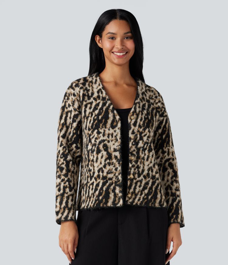 V-neck Leopard Wool-Blend Casual Cardigan