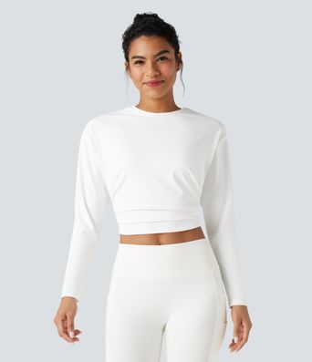 Round Neck Long Sleeve Ruched Cropped Yoga Sports Top