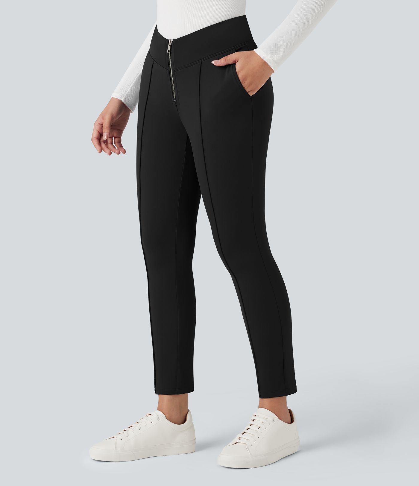 SoftlyZero™ Plush Thermal V Shaped High Waisted Zipper Work Pants with Pockets