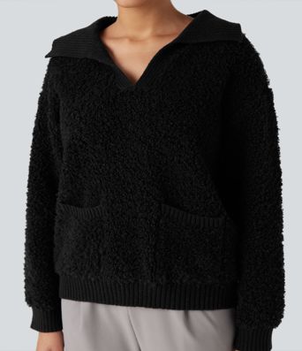 Lapel Reglan Long Sleeve Work Sweater with Pockets