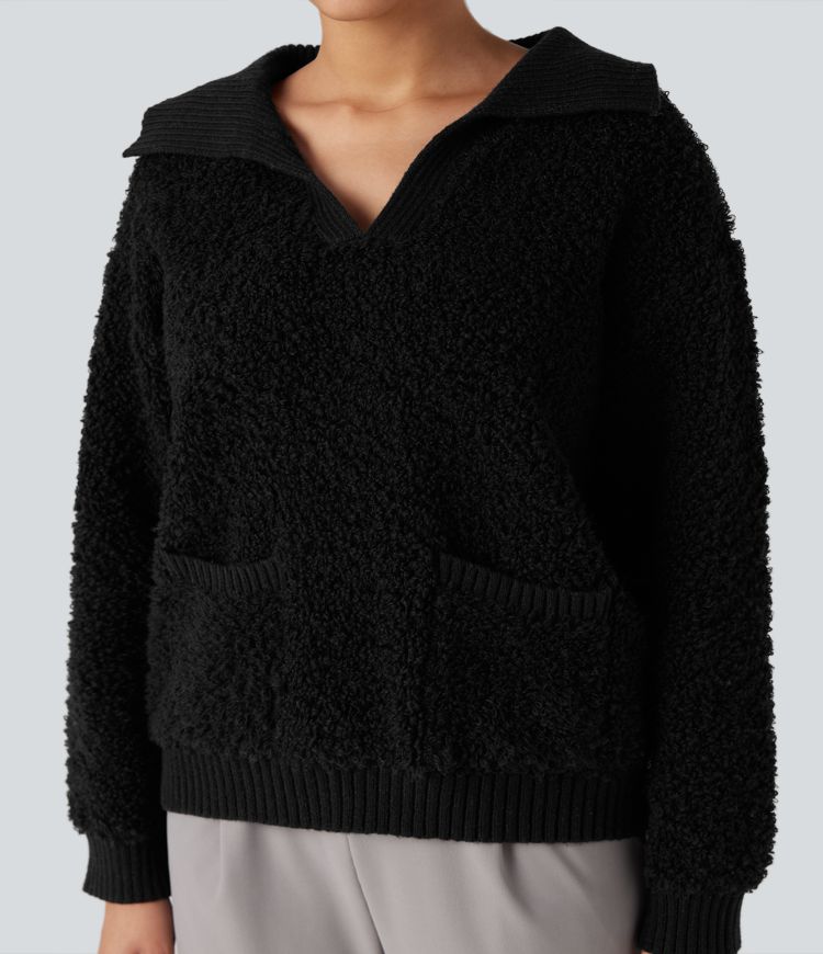 Lapel Reglan Long Sleeve Work Sweater with Pockets