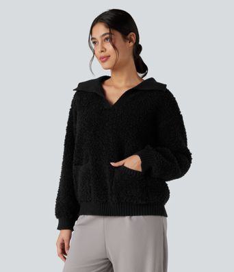 Lapel Reglan Long Sleeve Work Sweater with Pockets