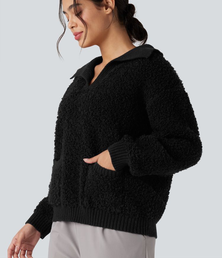 Lapel Reglan Long Sleeve Work Sweater with Pockets