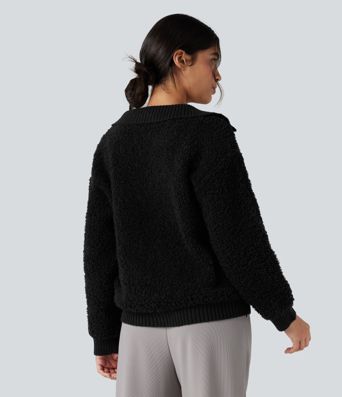 Lapel Reglan Long Sleeve Work Sweater with Pockets