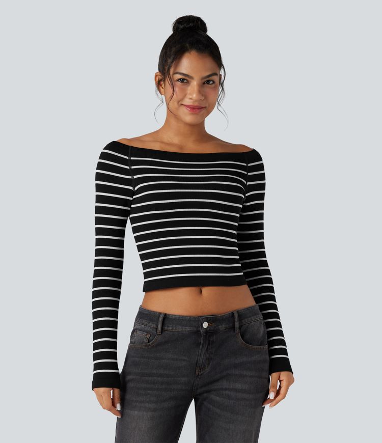 Seamless Flow Off-shoulder Reglan Long Sleeve Striped Casual Sports Top