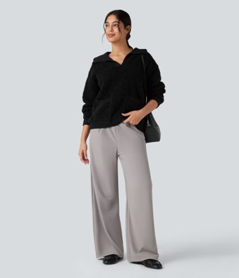 Lapel Reglan Long Sleeve Work Sweater with Pockets