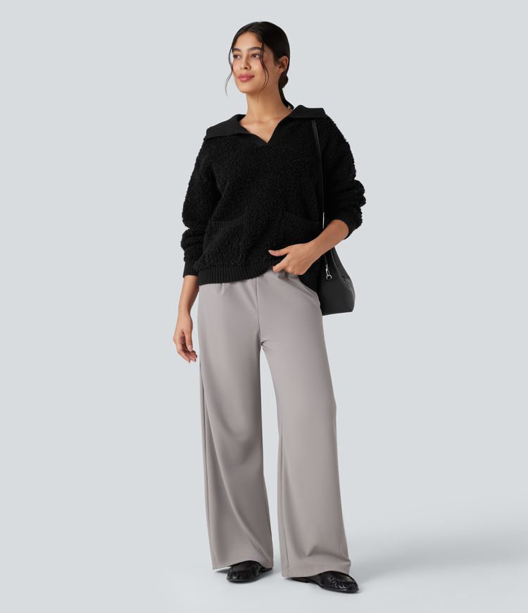 Lapel Reglan Long Sleeve Work Sweater with Pockets