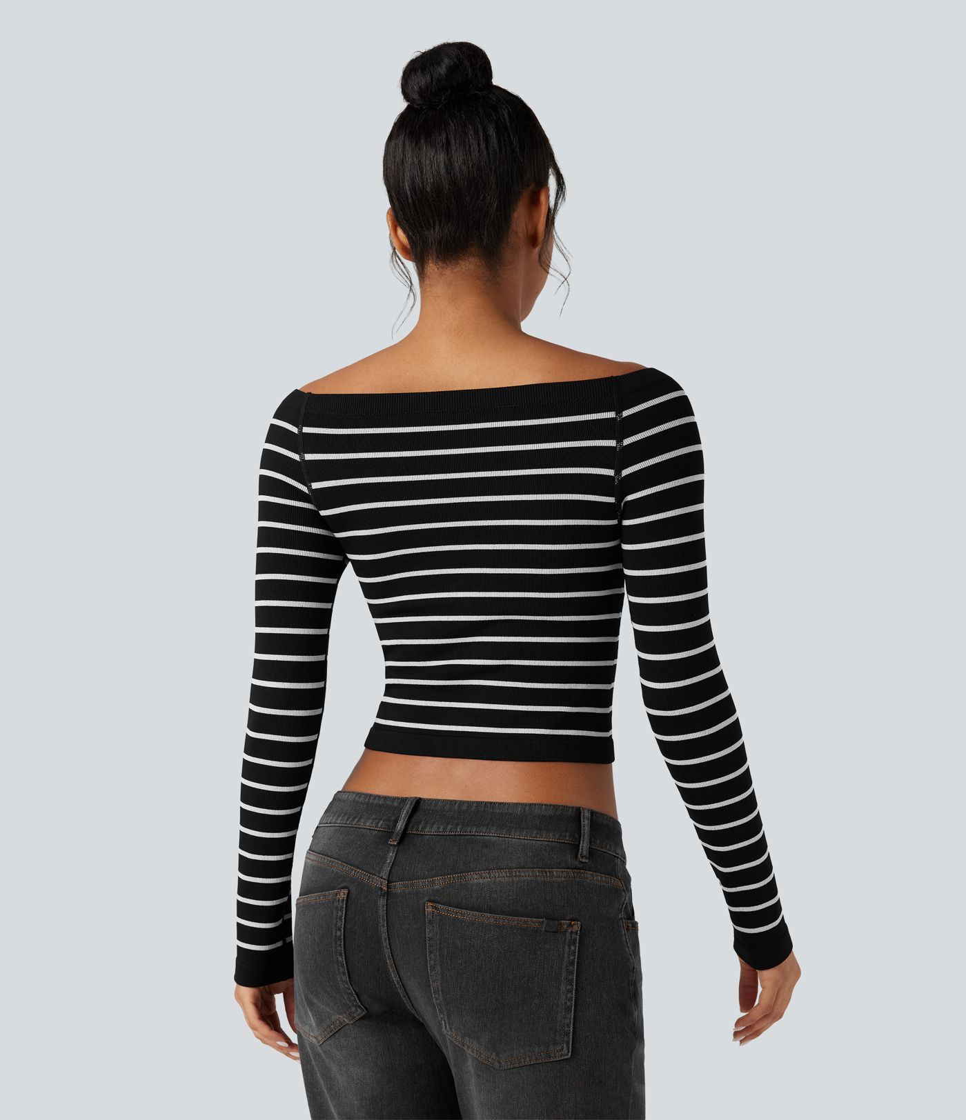OneForm Seamless Flow Off-shoulder Reglan Long Sleeve Striped Casual Sports Top
