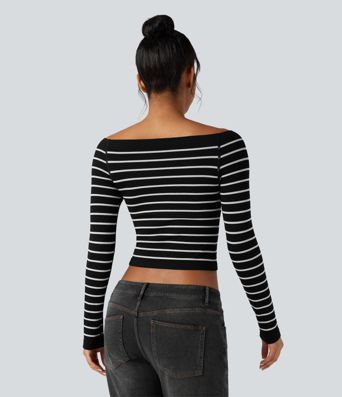 OneForm Seamless Flow Off-shoulder Reglan Long Sleeve Striped Casual Sports Top