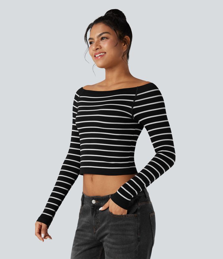 Seamless Flow Off-shoulder Reglan Long Sleeve Striped Casual Sports Top
