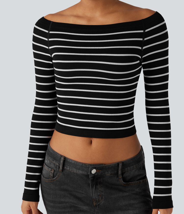 OneForm Seamless Flow Off-shoulder Reglan Long Sleeve Striped Casual Sports Top