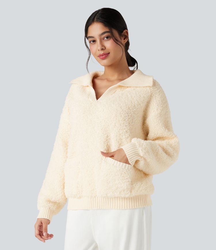 Lapel Reglan Long Sleeve Work Sweater with Pockets